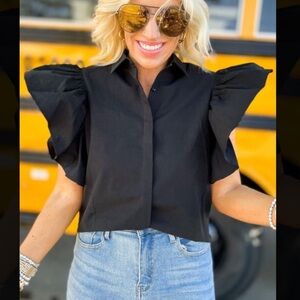 Black Ruffle Sleeve Button Down Poplin Blouse SSYS The Label